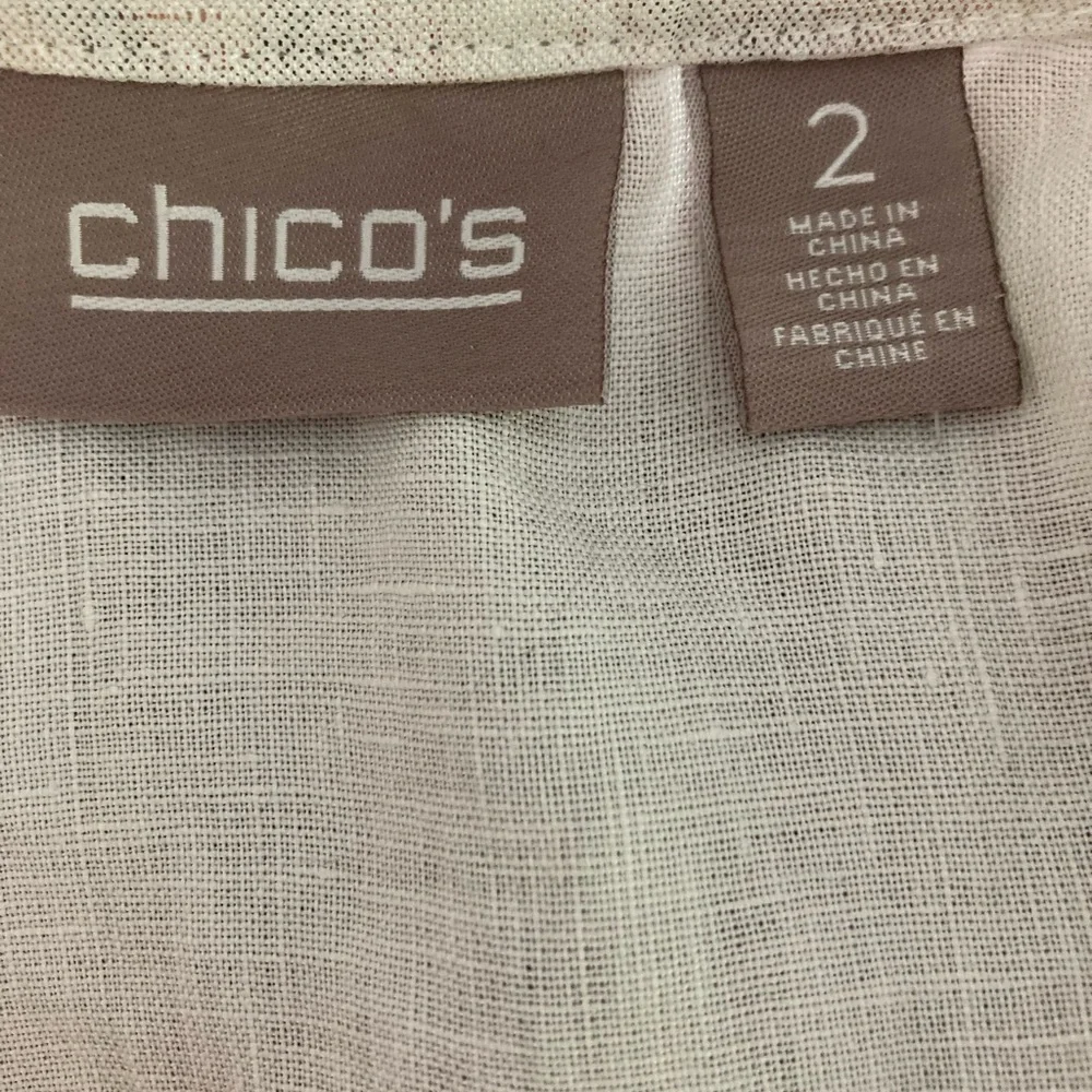 Chico’s Linen Open Front Blazer Size L hints green pink 3/4 sleeve Minimalist